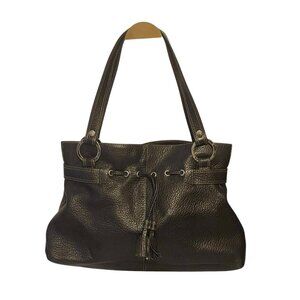 The SAK Pink Label Black Pebbled Leather Tasseled Drawstring  Shoulder Handbag